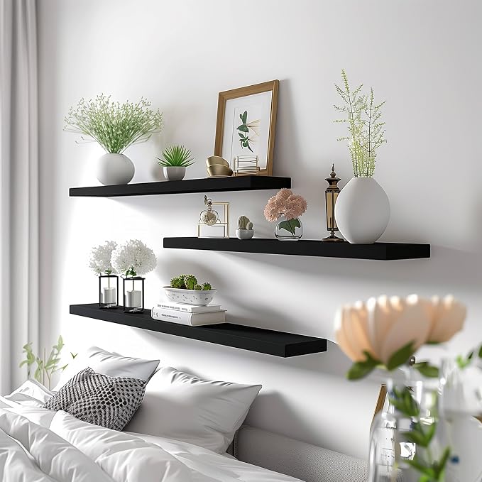 YYWUOJJ Wood Floating Shelves for Wall Decor, Rustic Wall Shelves for Bedroom Bathroom Kitchen Living Room, Set of 4 Black 36 Inch