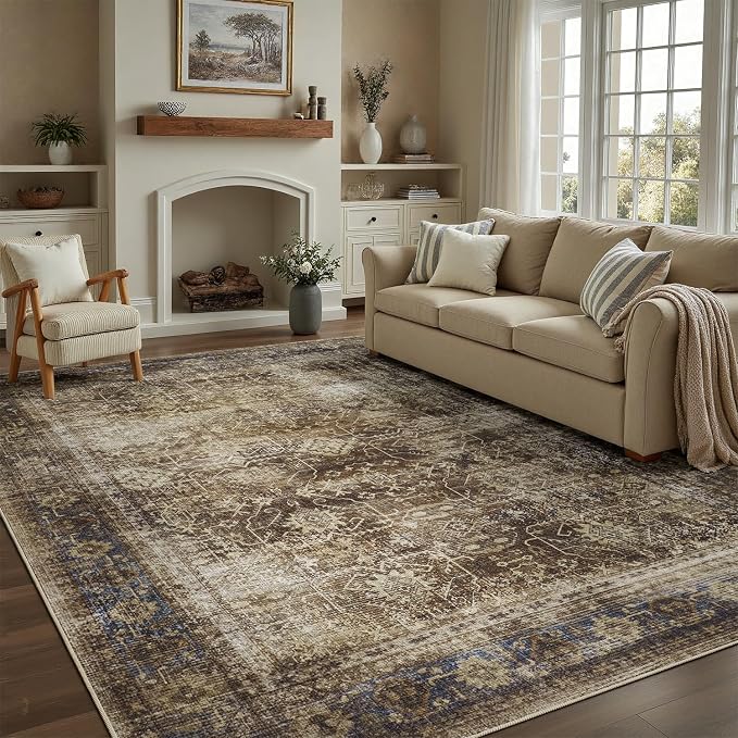 DCX Washable 5x7, Kid & Pet Friendly with Rubber Back Non Slip, Stain Resistant Vintage Rug for Living Room, Bedroom, Home Office, Soft Low Pile Large Farmhouse Distressed Carpet, Brickred