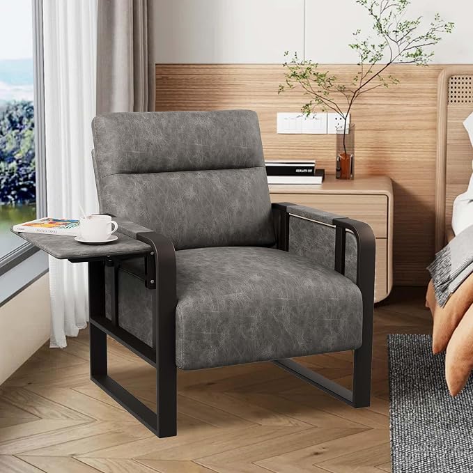 PU Leather Accent Chair, Modern Armchair with Foldable Table Upholstered Side Chairs for Living Room Bedroom Office Chair Grey