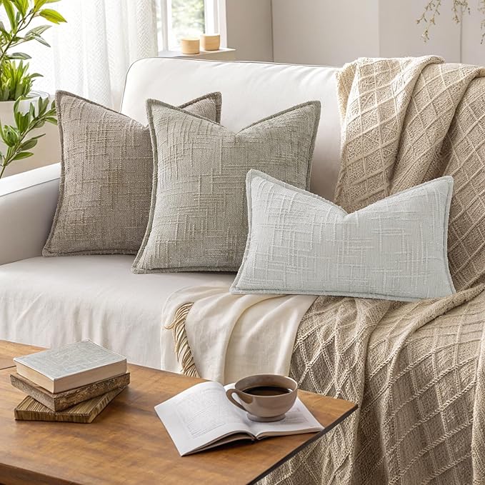 decorUhome Chenille Throw Pillow Covers 22x22 Set of 2, Thick Textured Slubby Neutral Decorative Pillow Covers with Elegant Design for Couch, Sofa, Living Room, Light Grey