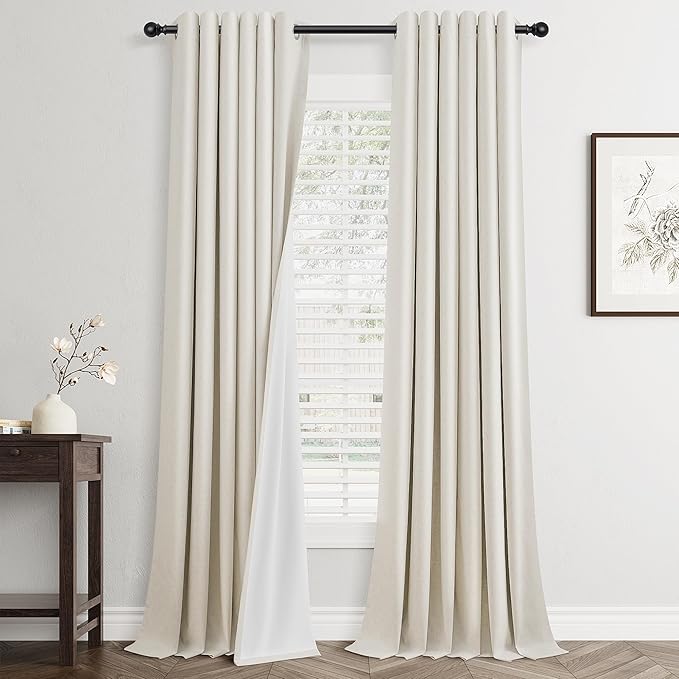 Jowels Cream Linen Blackout Curtains for Bedroom with White Liner, Thick Layers Total Blackout Thermal Insulated Grommet Window Curtains 96 Inch Length 2 Panels Set (42 x 96 Inch)