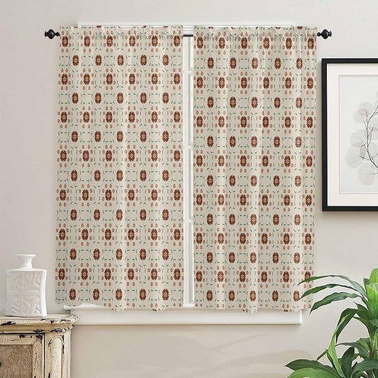 Kitchen Tier Curtains 63 inches Length, Vintage Flower Leaf Lines on Cotton Linen Window Curtains for Living Room Bath Cafe,Rod Pocket Light Filtering Drapes Short Half Window Treatment Tiers 2 Panels