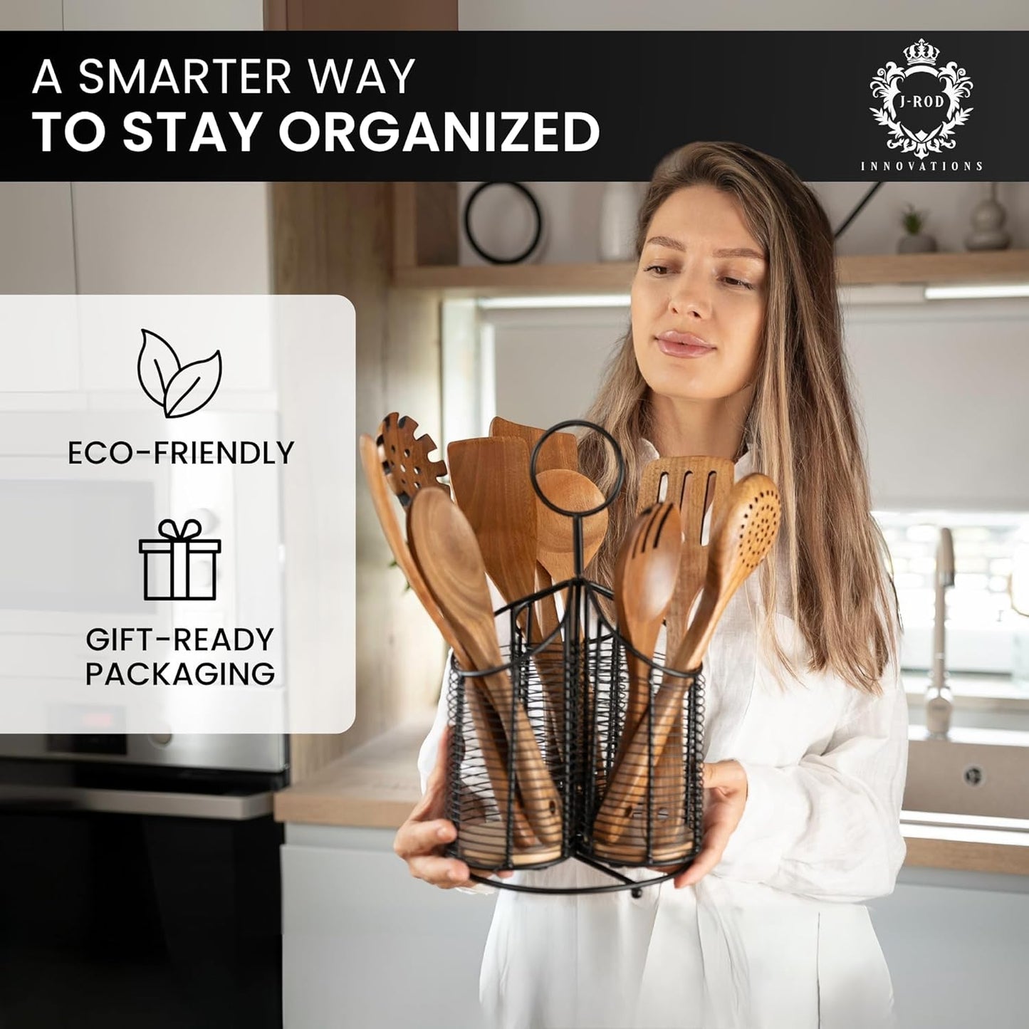 360° Rotating Kitchen Utensil Holder- 3 Compartment Organizer with Cork Bottoms | Includes Premium 9-Piece Acacia Wood Utensil Set | Professional & Home Luxury Design | Metal Utensil Crock (Black)