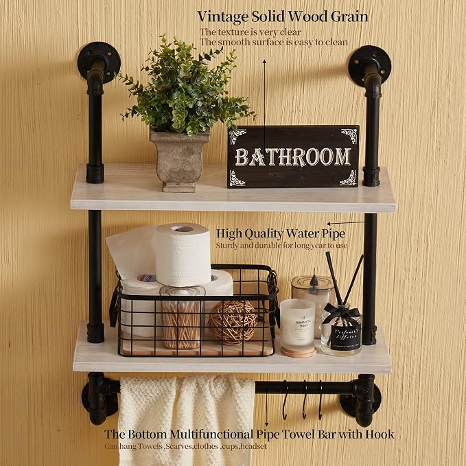 ROGMARS White Bathroom Floating Shelves for Wall Industrial Pipe Shelving | 24 Inch Wall Mounted Shelves with Towel Bar Hooks Coffee Bar Shelves Wine Hanging Display Rack Bookshelf Living Room Decor