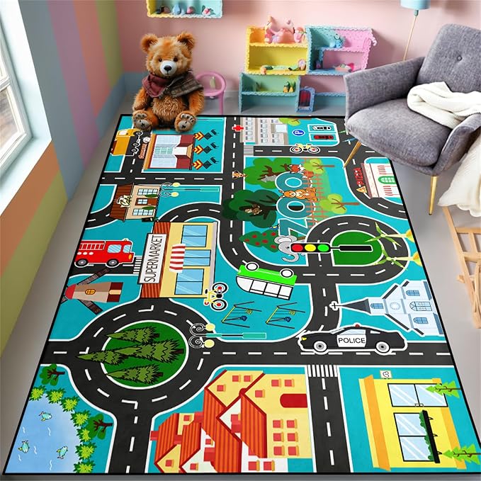 Car Rug Play Mat - Road Rug for Boys Room, Fun Race Track Car Car Carpet for Room Decor Road Carpet for Boys Playmat Bedroom Playroom Educational Learn Play Mat, 3x5 Feet