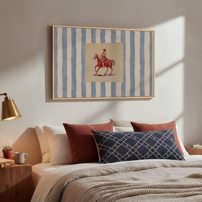 Large Framed Western Cowboy Wall Art for Living Room, Vintage Farmhouse Horse Canvas Prints Paintings, Blue Striped Country Picture Artwork Decor for Bedroom Entryway 36x24 Inch