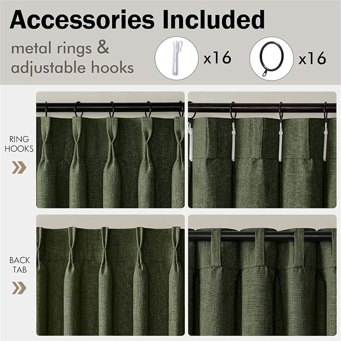 MIULEE Pinch Pleated Thick Linen Curtains 90 Inches Long 2 Panels for Living Room Bedroom, Linen Textured Memory Trained Pleat Drapes Back Tab Light Filtering Loden Window Curtains with Hooks