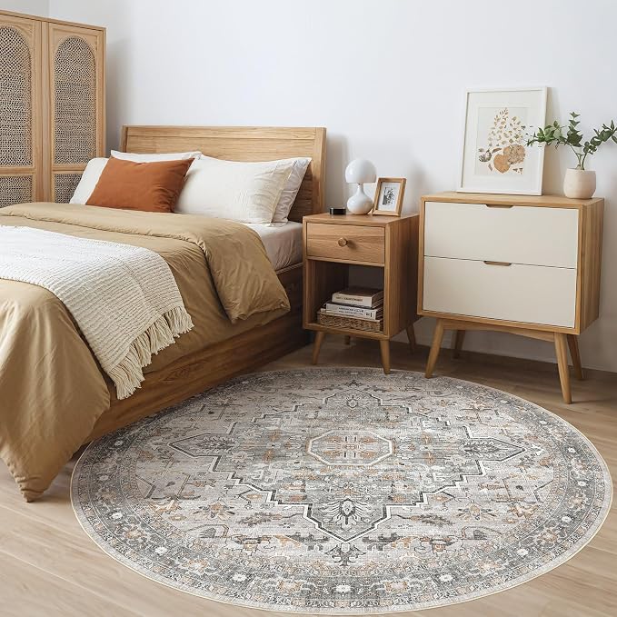 Round Rug Living Room Rugs: 7x7 Washable Boho Neutral Large Circle Soft Indoor Floral Stain Resistant Floor Farmhouse Carpet for Bedroom Nursery Kids Playroom Office Dining Room- Taupe