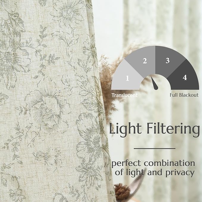 jinchan Linen Blend Floral Curtains for Living Room 84 Inch Length Farmhouse Printed Curtain Rod Pocket Back Tab Sage Green Peony Flower Patterned Drapes Bedroom Curtains Set 2 Panels