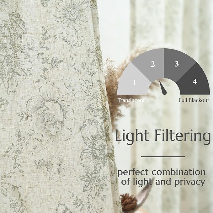 jinchan Linen Blend Floral Curtains for Living Room 96 Inches Extra Long Farmhouse Printed Curtain Back Tab Green Peony Flower Patterned Drapes Bedroom Window Curtains Set 2 Panels