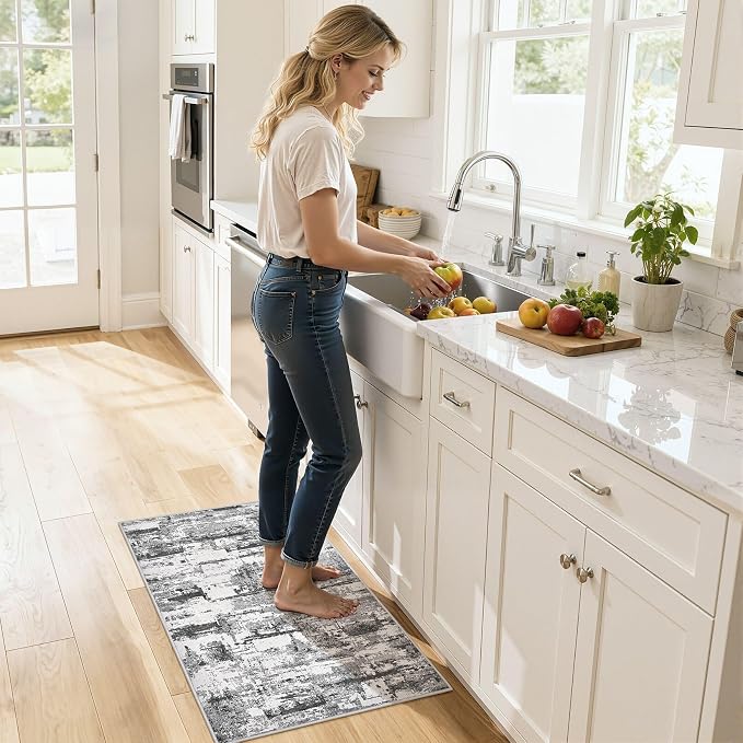 Washable Area Rugs: 2x3 Abstract Modern Soft Stain Resistant Non-Slip Backing for Living Room Entryway Bedroom Nursery - Black Grey