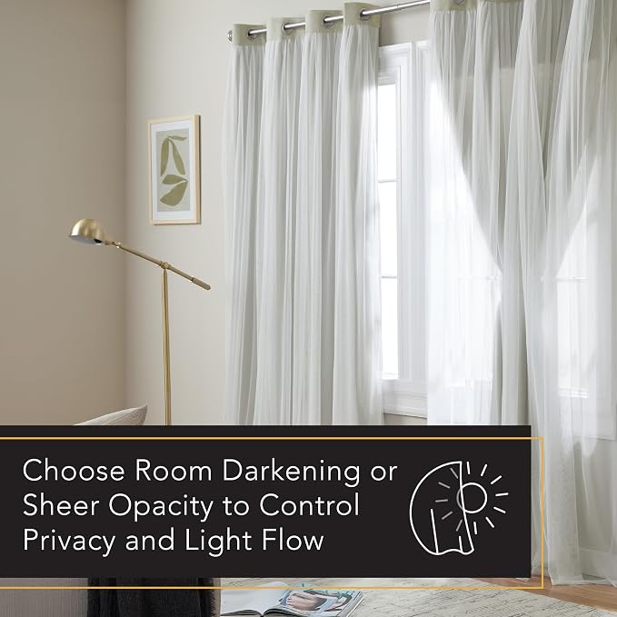 TOWN & COUNTRY LUXE Talia Double Layer Indoor Curtains, Sheer and Room Darkening Blackout, Grommet Top, Energy Efficient Set, 52"x84", Sand (Pack of 12)