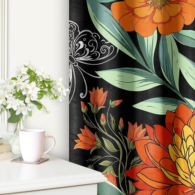 Orange Boho Floral Blackout Curtain, Mid Century Vintage Flower Botanical Curtains, Dark Aesthetic Art Grommet Drapes 2 Panels, Farmhouse Bedroom Living Room Decor 52X84 Inch