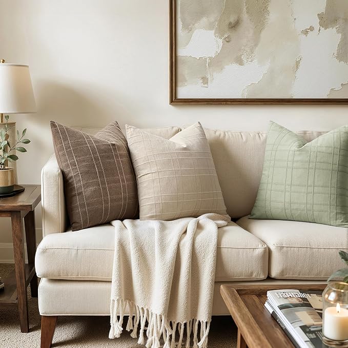 MIULEE Decorative Linen Check Throw Pillow Covers Neutral Farmhouse Vintage Pillow Covers 18x18 Set of 2 Boho Modern Home Decor for Sofa Couch Bedroom Cushion Seeding Green