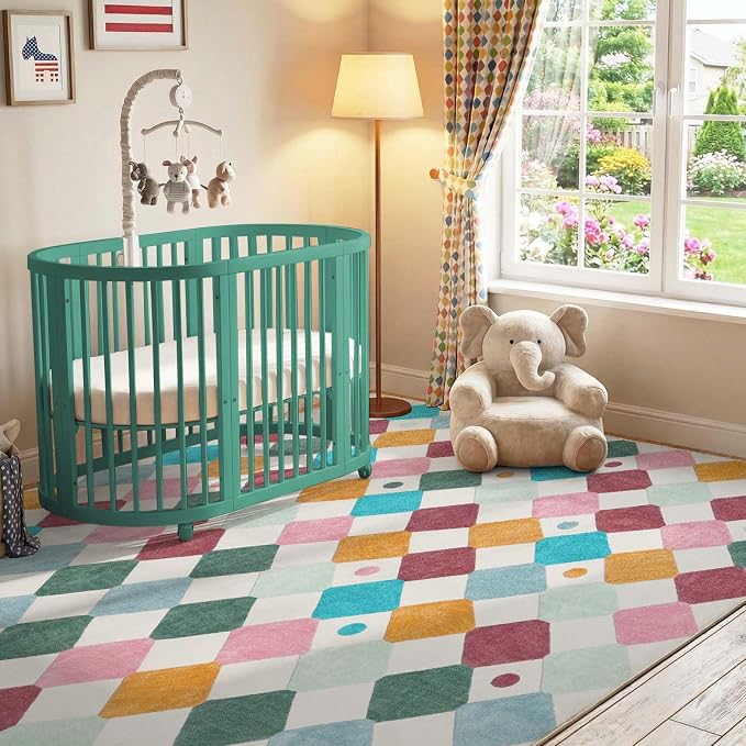 jinchan Macy 7x9 Kids Area Rug for Classroom Modern Colorful Nursery Rug Checkered Diamond Play Mat Washable Soft Non Slip Carpet for Playroom Living Room Bedroom Daycare Confetti on Cream