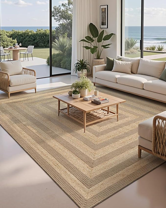 LUMI 8x10 Jute and Raffia Braided Area Rug for Living Room, Natural Woven Rugs Non Slip, Neutral Carpets No Shedding, Durable for High Traffic, Dining Room, Indoor, Outdoor, Patio