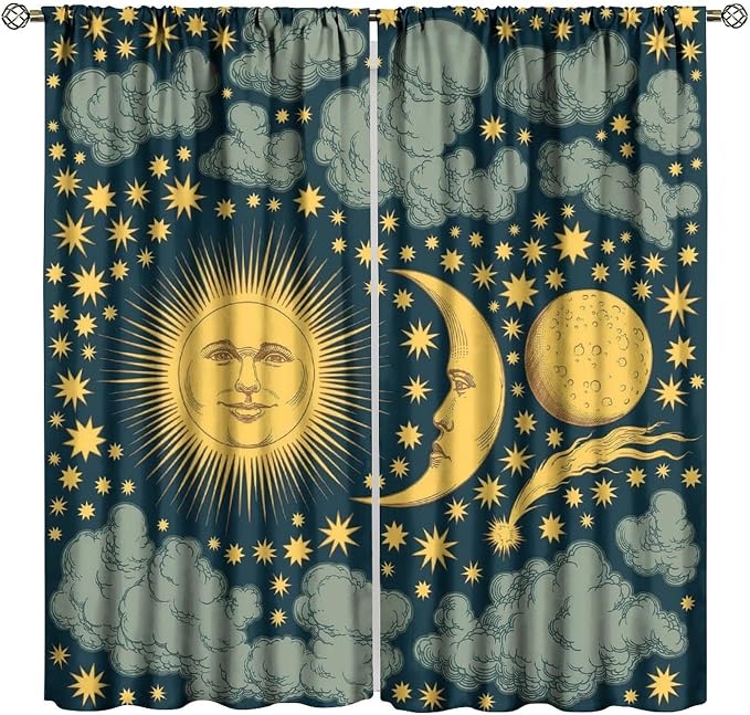 Sun Moon Blackout Window Curtains, Bohemian Sun Moon Star Pattern Print Window Drapes, for Living Room Bedroom 42x54in 2 Panels