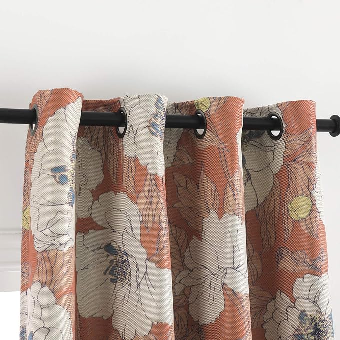 Taisier Home Stylish Faux Linen Curtains for Living Room/Bedroom | Privacy Added Light Reducing Flower Pattern Window Curtain Drapes (2 Panels) Grommet Top, 52x95 Inch, Orange