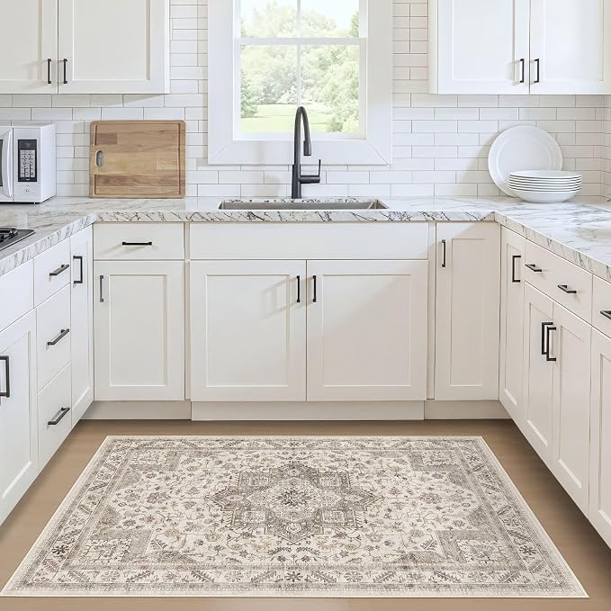 Vintage Living Room Area Rug 3x5 - Large Soft Washable Oriental Traditional Distressed Farmhouse Rugs for Bedroom - Indoor Floor Accent Carpet for Home Office House Decor - Light Brown