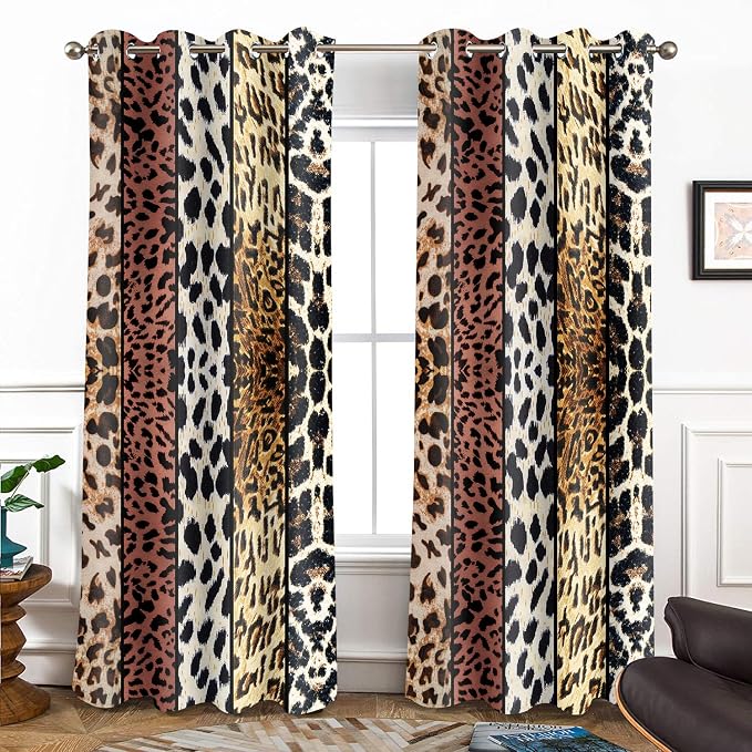 Wild Animal Print Curtain, Room Darkening Thermal Insulated Blackout Leopard Boa Window Drapes with Grommets for Living, Dining, Bedroom, Brown Leopard Print, 52"x 84", 2 Panels