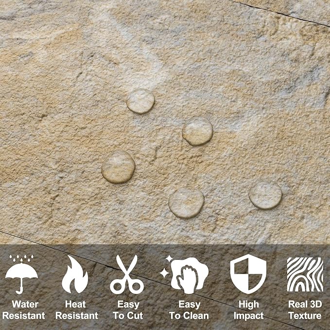 AULIGET Sandstone Peel and Stick Backsplash Wall Tiles, 3" x 6" PVC Faux Stone Stick on Tiles, Pack of 4