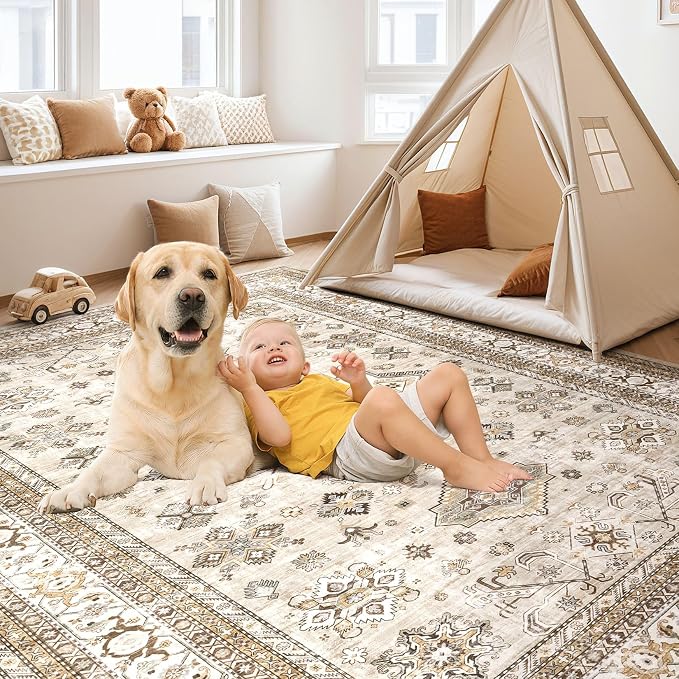 Vintage Living Room Area Rug 10x11 - Large Soft Washable Oriental Traditional Distressed Farmhouse Rugs for Bedroom - Indoor Floor Accent Carpet for Home Office House Decor - Beige