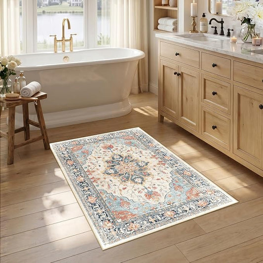 RELEANY Area Rugs Small 2'6"x4' Washable Non-Slip, Floral Vintage Distress Medallion Carpet for Kitchen Entryway Bathroom, Beige Navy Blue Orange Colorful