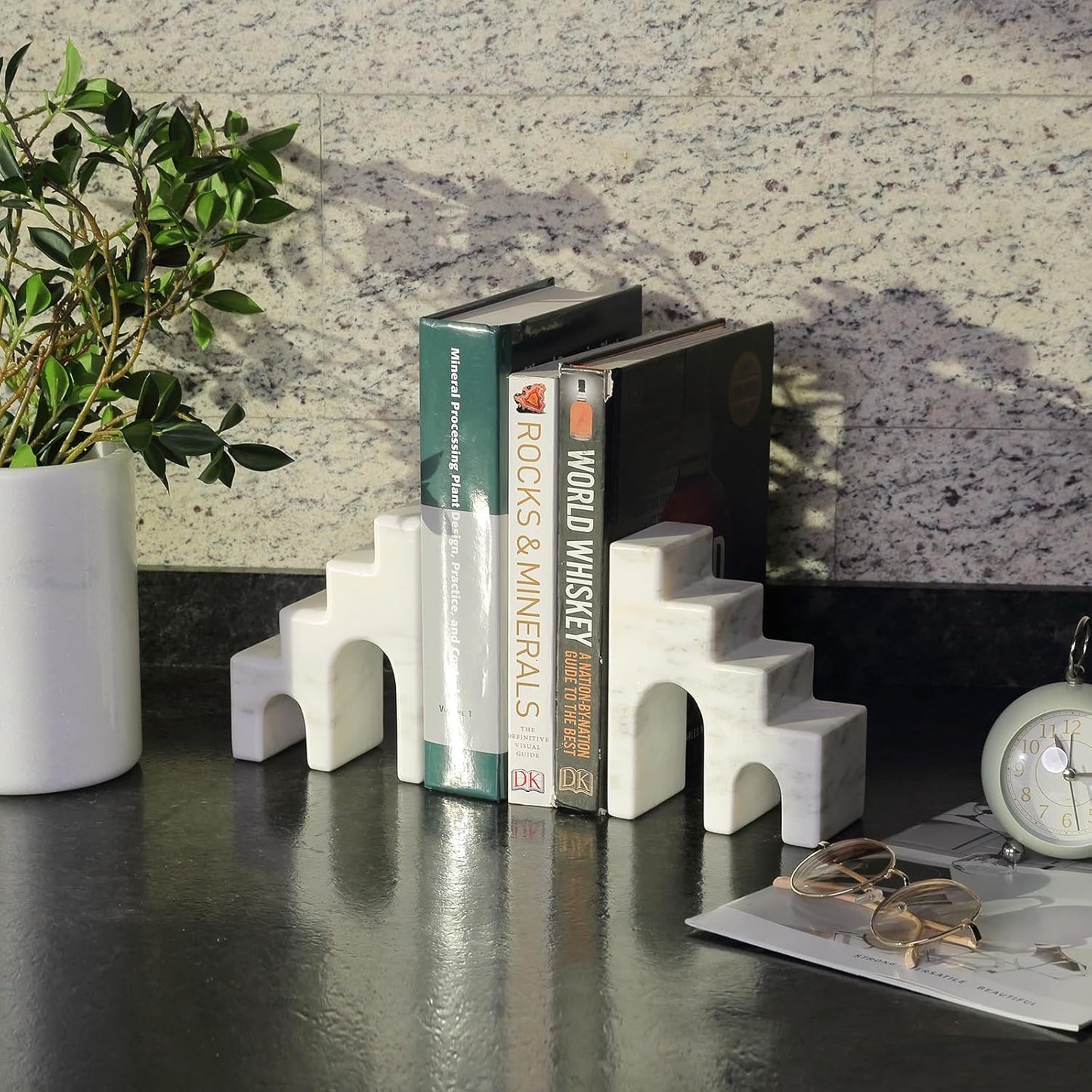 Natural Marble Book Ends for Shelves, Decorative Bookends for Heavy Books, CastleGuard Bookend Book Holder Stopper for Home Office Desk Bookshelf Decoration, Set of 2 (Oriental Calacatta)