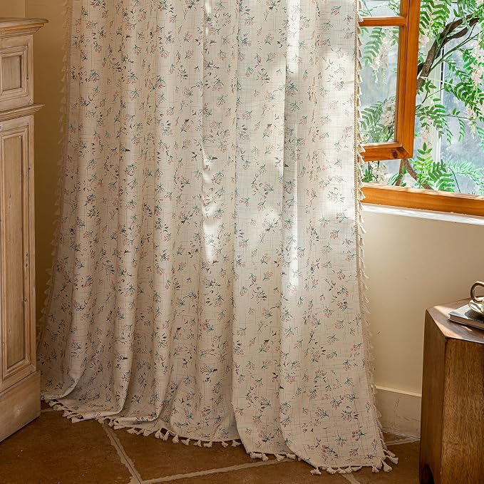 OYX Floral 96 Inch Curtains for Living Room Flower Drapes Bedroom Semi Sheer Rod Pocket Floor Length Window Curtains 2 Panel Sets Boho Farmhouse Vintage Light Filtering Window Treatments