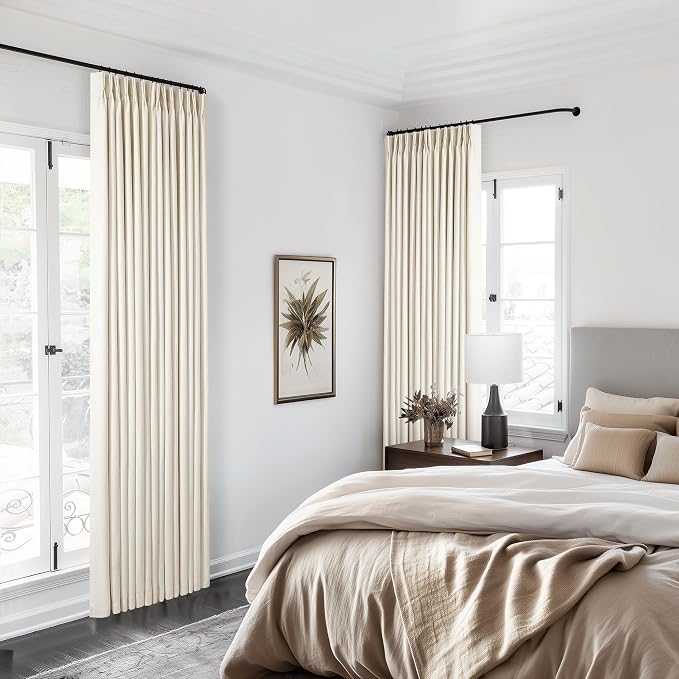 TWODRAPES Pleated Blackout Linen Curtains 108 Inches Long for Living Room Patio Sliding Door Pinch Pleat Rings Hooks Back Tab 100% Black Out Bedroom Beige Curtains Boho Modern Window Panels Set of 2