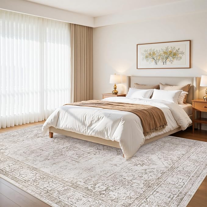 9x12 Area Rugs for Living Room:Beige Washable Vintage Medallion Carpet Non-Slip Soft Low Pile Large Rugs Indoor Retro Rug for Bedroom Nursery Dining Table Office Home(Beige Brown, 9'x12')