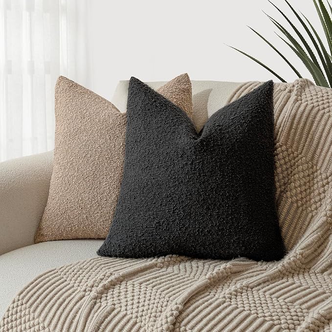 Foindtower Set of 2, Decorative Textured Boucle Throw Pillow Covers Accent Solid Pillow Cases Neutral Soft Cozy Couch Cushion Case for Chair Sofa Bedroom Living Room Home Decor 18 x 18 Inch Black