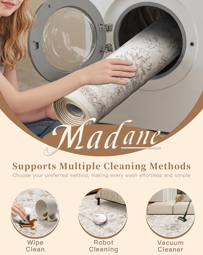 Madane Washable 7x9 Area Rugs for Living Room, Vintage Natural Rug with Non-Slip Backing, Soft Stain Resistant Throw Rugs Thin Carpet for Bedroom Dining Room Farmhouse (7 x 9, Brown/Ivory)