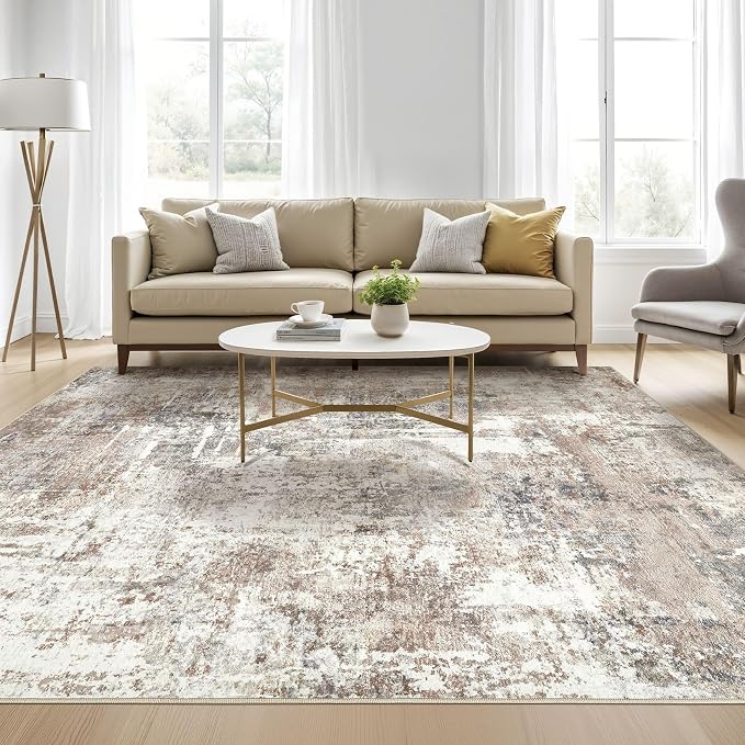 Square Rug 7x7 Living Room: Large Washable Abstract Modern Soft Area Rug Stain Resistant Indoor Floor Non-Slip Accent Carpet for Bedroom Nursery Playroom Dining Room Office Dorm Home Decor- Brown