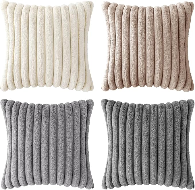 MIULEE Faux Fur Plush Decorative Throw Pillow Covers 18x18 Set of 4, Boho Farmhouse Soft Fuzzy Striped Cushion Covers for Sofa Couch Bed Living Room Vintage Rustic Home Decor,Grey Taupe