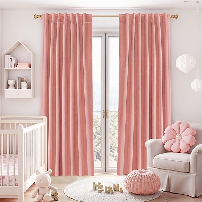 UHITECH Short Blackout Curtains 54 Inch Length 2 Panels Set for Bedroom Blush Pink Linen Textured Thermal 100% Black Out Curtains for Living Room with Back Tab Rod Pocket Track System