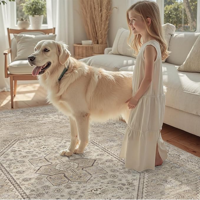 DCX Machine Washable Brown and Beige Area Rug 8x10, Non Slip Stain Resistant Vintage Floral Rug for Living Room Bedroom Nursery, Soft Low Pile Large Carpet