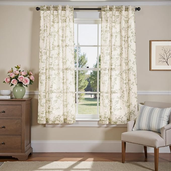 jinchan Green Floral Linen Curtains 63 Inch Farmhouse Back Tab 2 Panels | Green on beige, light filtering, semi sheer, country, rustic, flower, drapes, bedroom, living room, office, home decor