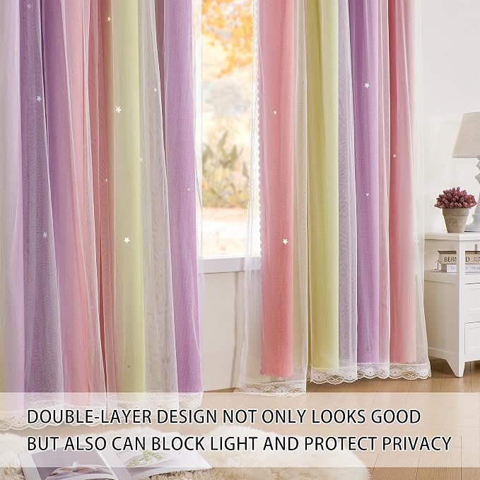 XiDi Pink Yellow Purple 90 Inches Curtains for Girls Bedroom 2 Panels Set, Blackout Rainbow Curtains for Kids Room Decor, Unicorn Wall Decals Drapes for Little Girl Nursery Room 52 Inches Wide