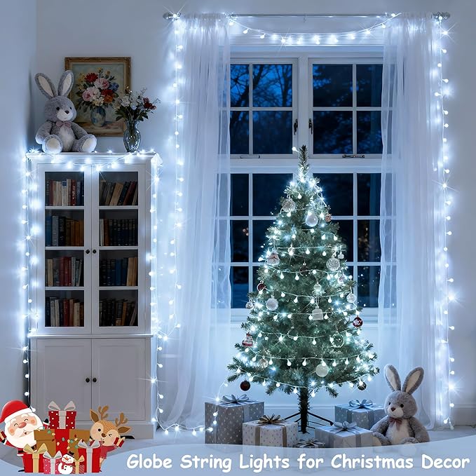JMEXSUSS 100ft 200 LED White Globe String Lights Indoor Outdoor Waterproof | Christmas fairy Lights Plug in with Remote, Connectable Hanging Lights for Bedroom Patio Holiday Tree Party Christmas Decor