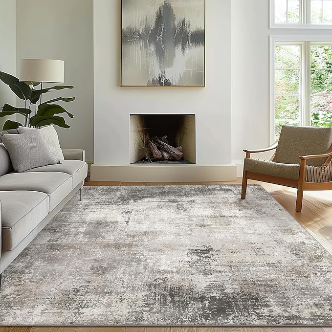 GENIMO 5x7 Area Rugs for Living Room, Machine Washable Non Slip Rugs, Low Pile Lightweight Vintage Print Rug for Bedroom, Dining Room, Home Office, Abstract Grey