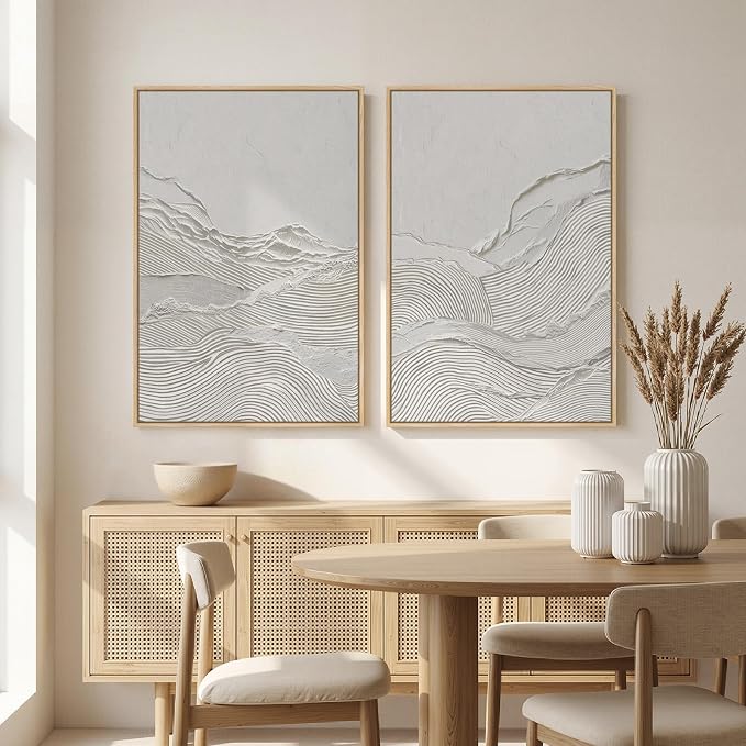 Large Framed White Abstract Wall Art Set of 2 for Living Room, Neutral Minimalist Modern Print Canvas Artwork for Walls, Contemporary Abstract 2D Wall Decor for Bedroom Office Hallway, 24x36 In