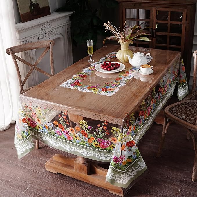 Clear Table Protector Cover Vinyl Rectangle PVC Tablecloth Waterproof Oil Proof Wipeable Plastic Tablecloths for Spring Summer Home Kitchen Dining Table (Lace Floral, 52 x 70 Inches)