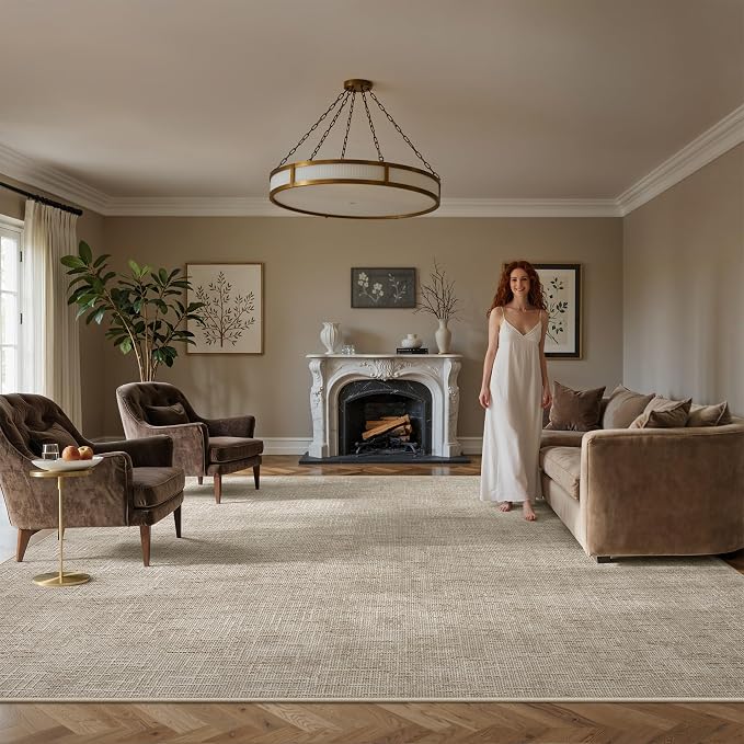 Valenrug 7x9 Area Rug - Stain Resistant 7x9 Rugs for Living Room, Non Slip High-Low Pile Textured Area Rugs for Bedroom, Folable Machine Washable Area Rug (7'x9', Beige)