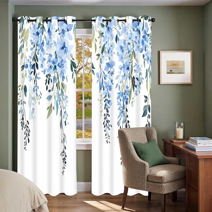 Blue Watercolor Floral Curtains, Botanical Leaves Vine Flowers Curtain, Rustic Farmhouse Flower Leaf Blackout Window Treatment Drapes for Bedroom Living Room 42x72 inch, 2 Panels