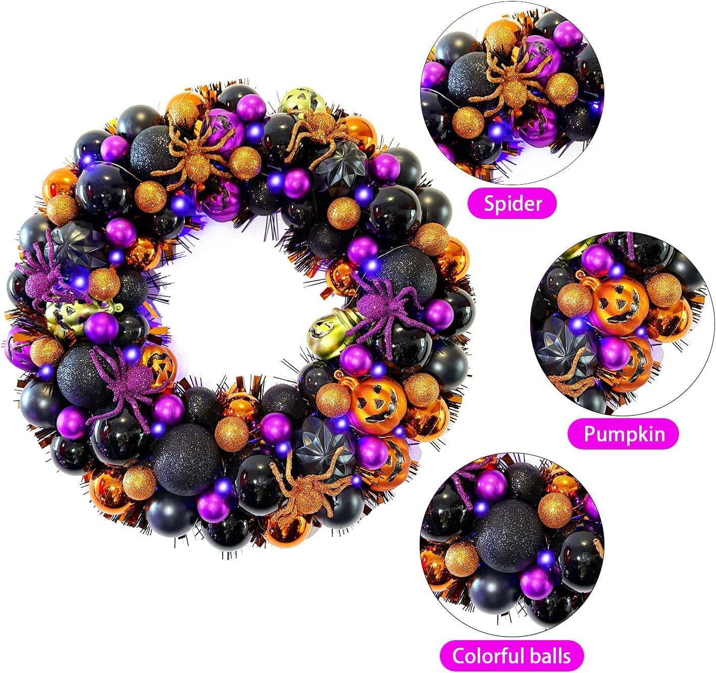 17 Inch Halloween Ball Wreath for Front Door with Lights, Lighted Cute Treat-or-Trick Door Wreath Ball Ornament for Halloween Indoor Decorations Centerpiece Party Holiday Wall Home Decor