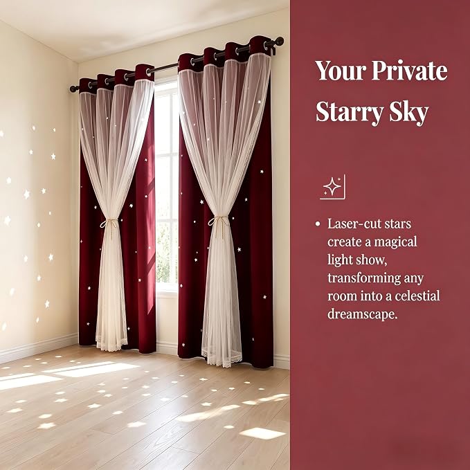 Star Cutout Blackout Curtains Double Layer Curtains with Durable Sheer Curtains for Bedroom Thermal Insulated Window Treatment Set with 2 Free Tiebacks (52Wx63L 2 Panels Red)