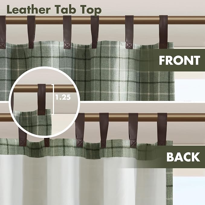 Madison Park Anaheim Cabin Plaid Curtain Window, Thermal Insulated Fleece Lining, Living Room Decor Room Darkening Drape for Bedroom, 1-Single Panel Pack, 50x84 Faux Leather Tab Top, Green