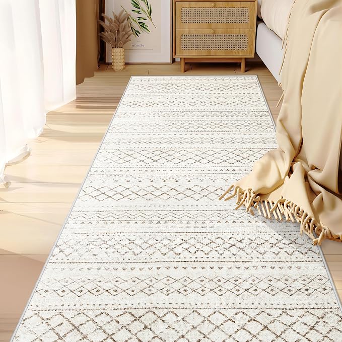 Runner Rug 2x7 Boho Geometric Area Rugs: Washable Kitchen Entryway Rug, Soft Non Slip Moroccan Long Hallway Rugs for Bedroom Bathroom Laundry Entryway Staircase Foyer(Brown,2X7)