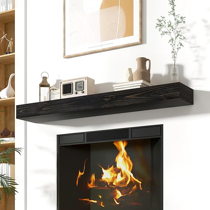 Acovy Floating Fireplace Mantel Shelves, 60x8x3 Inches Natural Wooden Floating Shelf for Over Fireplace, Wall-Mounted Mantel Shelf for Living Room and Home Decor, Black